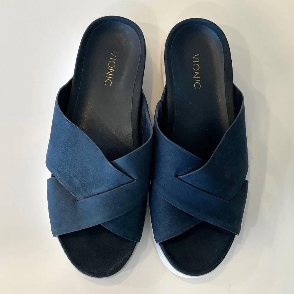 VIONIC Lou Leather Slide Platform Sandal Blue Size 7.5